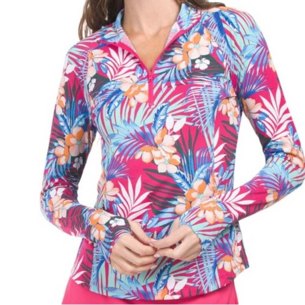 Tommy Bahama Women Pullover Tropical Floral Quarter‎ Zip Golf Tennis Top Small